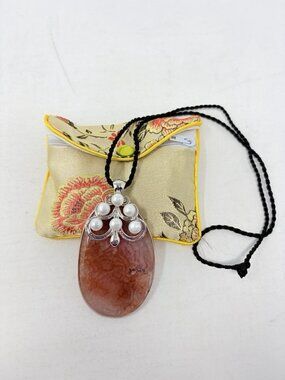 Shop LC Enhanced Red Agate/Freshwater Pearl Pendant Silvertone Black Cord 5535